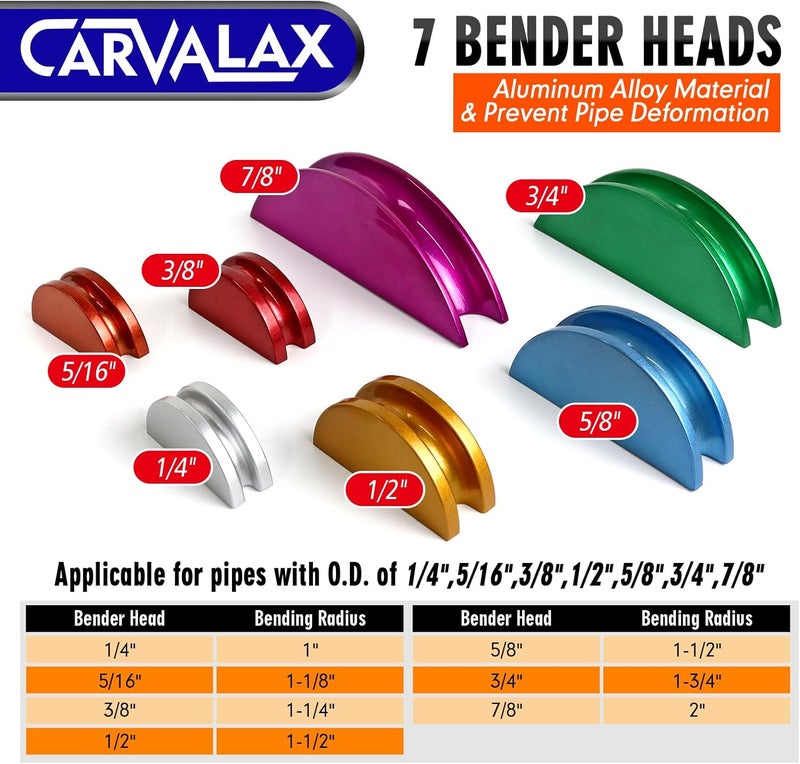 CARVALAX 90° Ratcheting Pipe Tube Bender Set: 1/4" to 7/8" O.D. with 7-Color Aluminum Heads – LITE MODEL (No Reverse) with Tube Cutter & Deburring for HVAC, Air Conditioning and Hydraulic Applications - Image 4